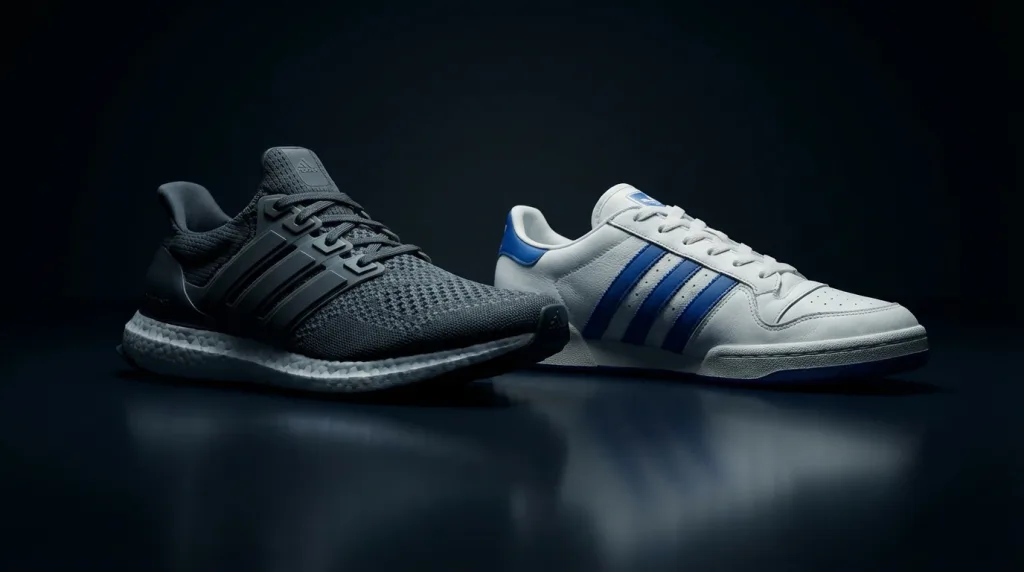 Adidas Jahreszahlen im Fokus mit hochwertig inszenierten Adidas Schuhen als Symbol fuer Rekordumsatz und Gewinnsprung