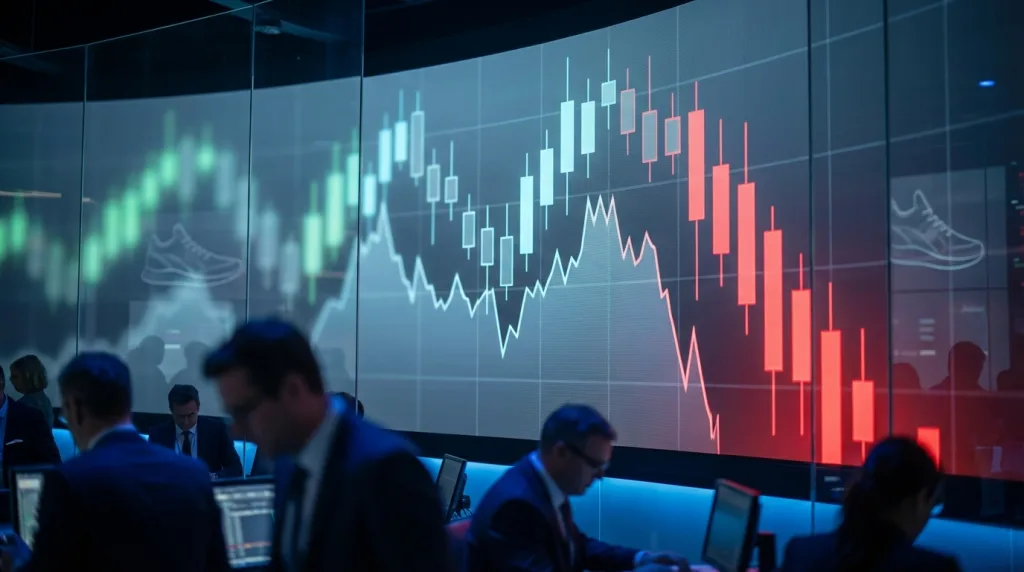 Adidas Prognose mit Kursrutsch, roter Candlestick-Chart und skeptischer Marktstimmung im Sportartikel-Sektor
