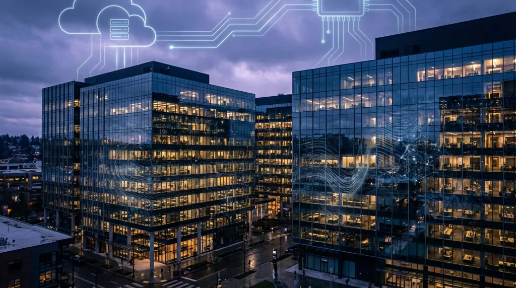 Amazon KI-Strategie: Amazon-Hauptquartier bei Abendlicht mit Fokus auf Cloud- und KI-Ausrichtung