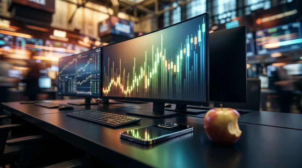 Apple Quartal mit fokussiertem Aktienchart und iPhone als Symbol für erwarteten Umsatzrekord