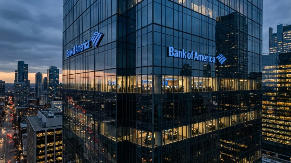 Bank of America Quartalszahlen 2025/2026: Starke Zahlen, schwache Aktie 2 Bank of America Hochhaus in der Abenddämmerung im Finanzviertel