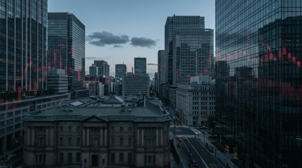 Tokyo Finanzdistrikt mit Bank of Japan im Fokus während Bank of Japan JGB-Crash