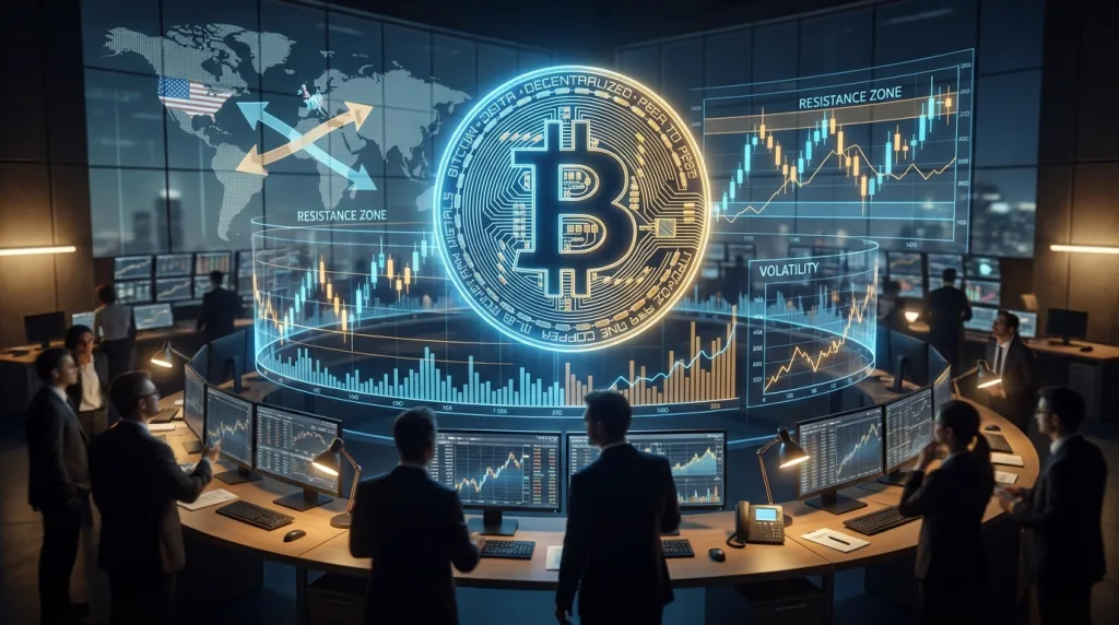 Volatiler Kryptomarkt mit Bitcoin-Charts und globalem Bitcoin Marktumfeld