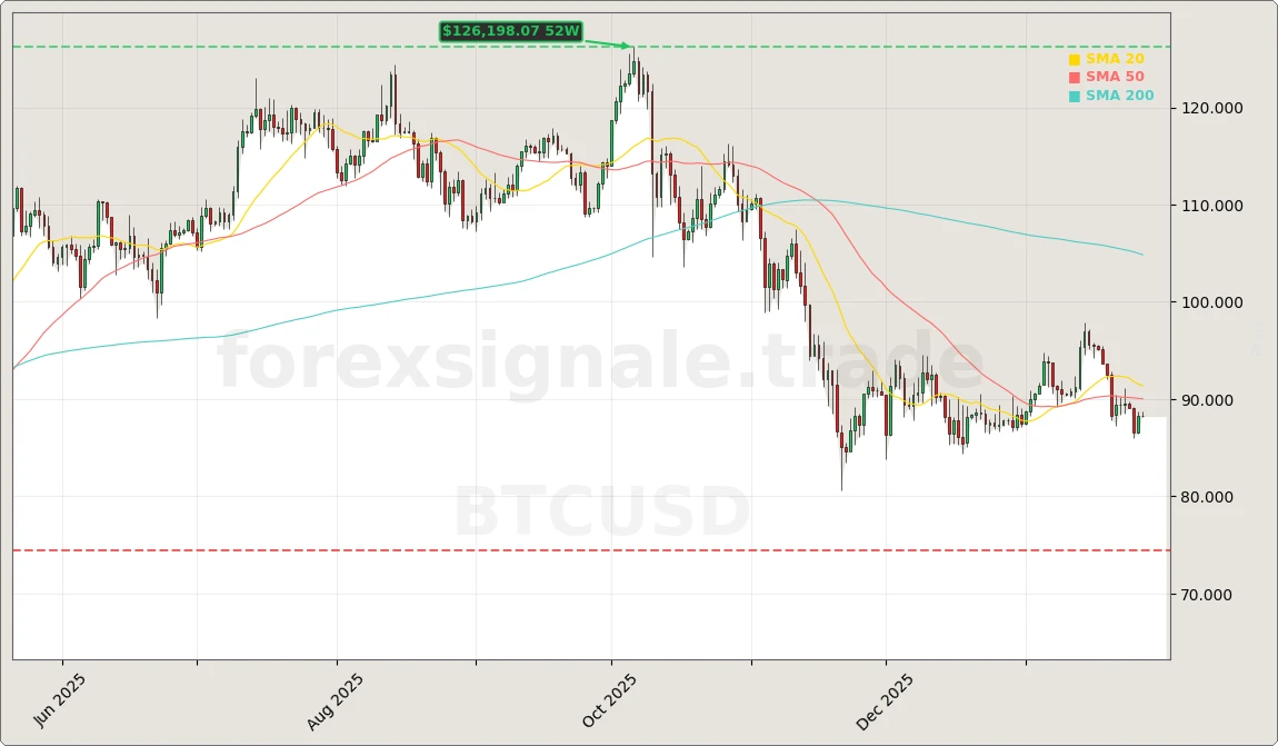 3 Bitcoin Bärenmarkt-Signale im kritischen Wendepunkt 6 Bitcoin vs. Gold und Bärenmarkt-Risiko Aktienchart - 252 Tage Kursverlauf - Januar 2026