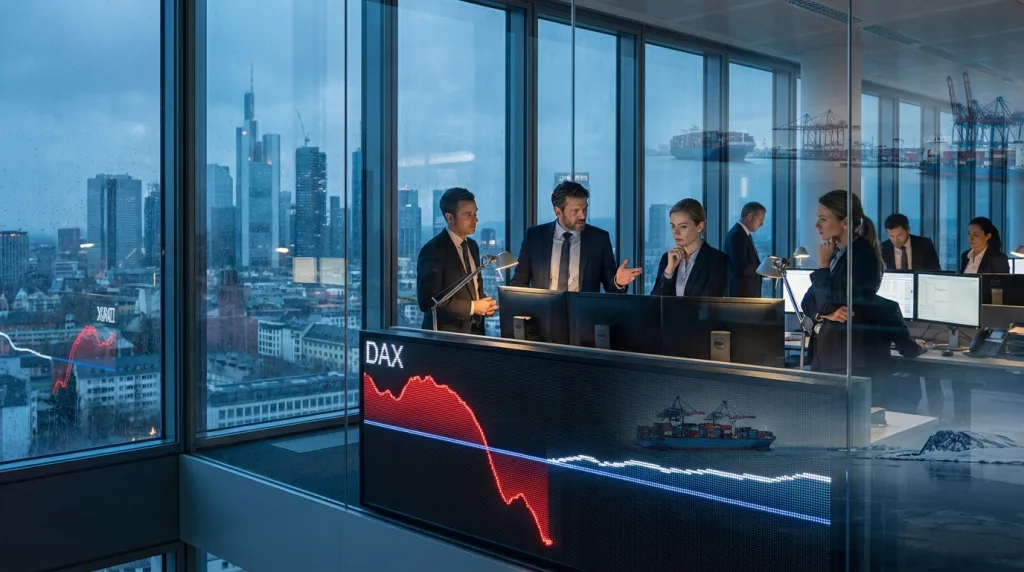 DAX Groenland-Zollschock im Frankfurter Finanzdistrikt mit nervösen Haendlern und Handelsszene