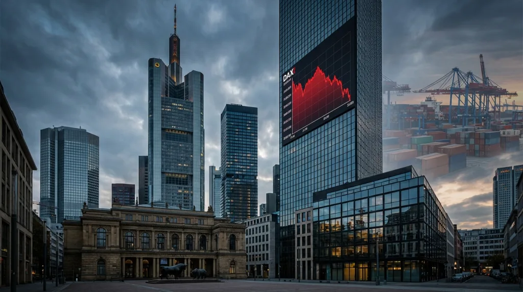 Frankfurter Finanzviertel mit fallenden Kursen als Symbol für DAX Zolldrohungen