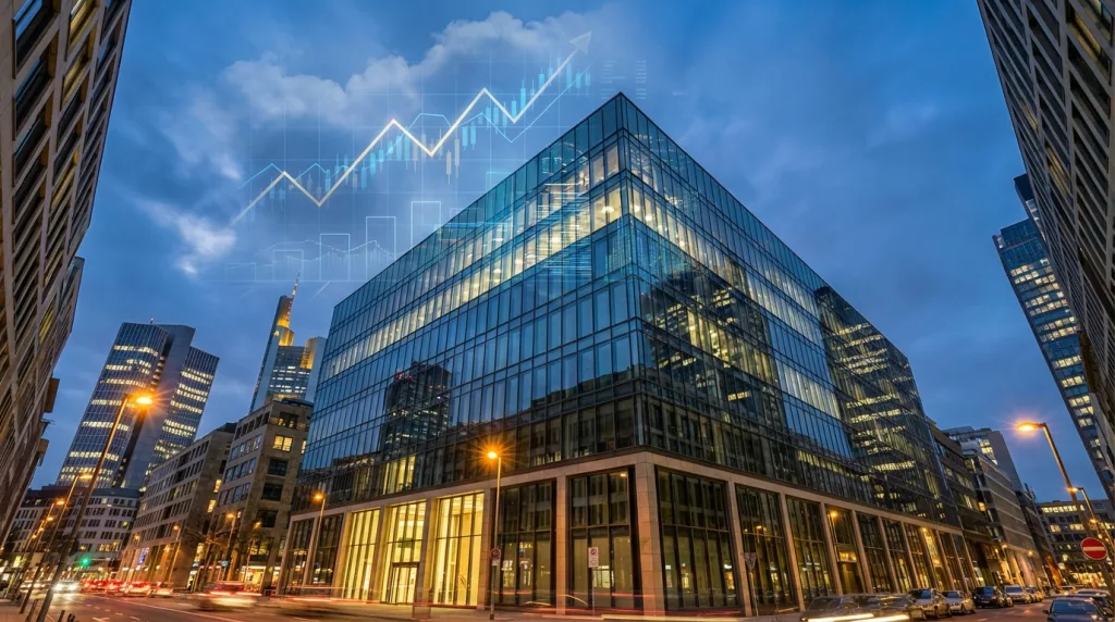 Deutsche Börse Übernahme: moderne Konzernzentrale in Frankfurt bei Abendlicht