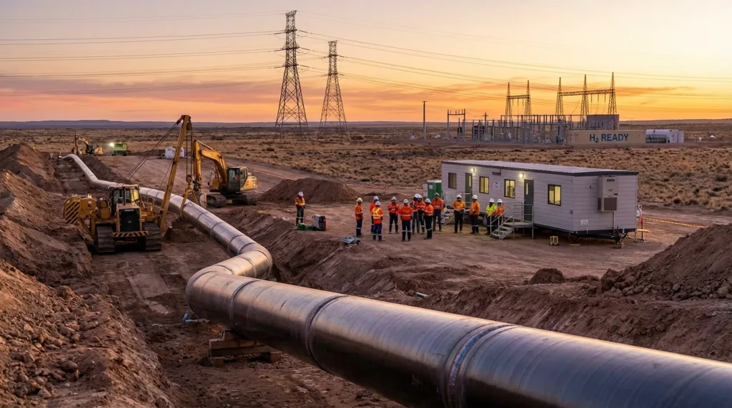 Energieinfrastruktur-Baustelle mit Pipelines und Stromtrassen von Friedrich Vorwerk