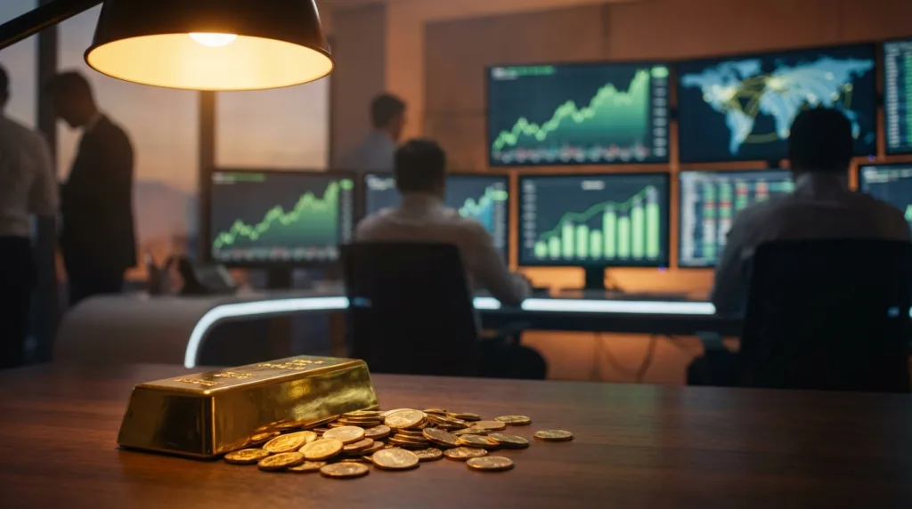 Gold Rekordhoch mit dynamischer Rallye, Goldbarren und steigender Kursentwicklung im Handelsraum