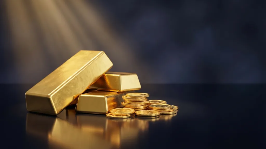 Goldbarren und Münzen im Fokus vor dunklem Hintergrund, Symbol für aktuellen Goldpreis Rekord