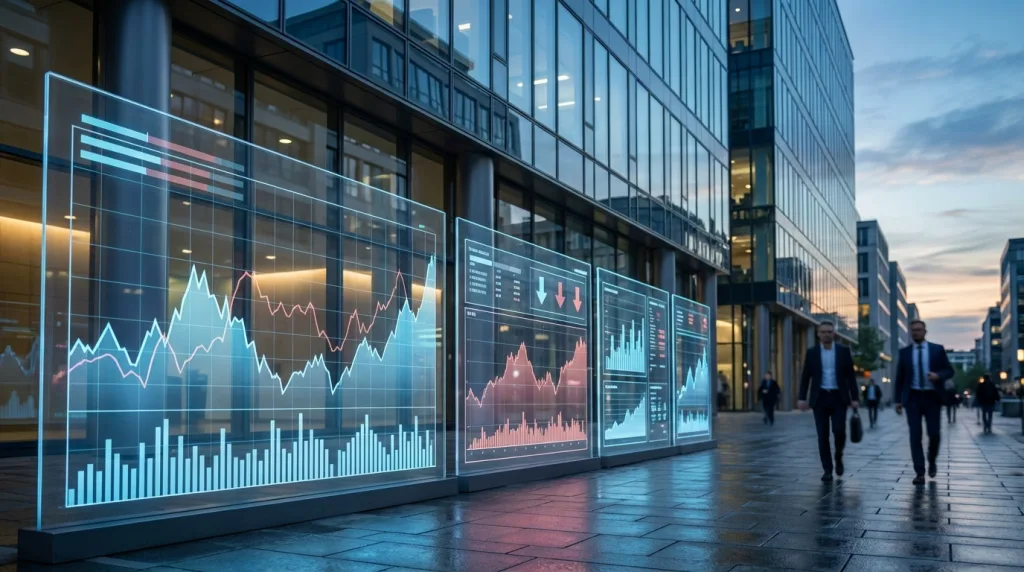 Hypoport Europace Zentrale mit abstrakten fallenden Finanzcharts im Vordergrund