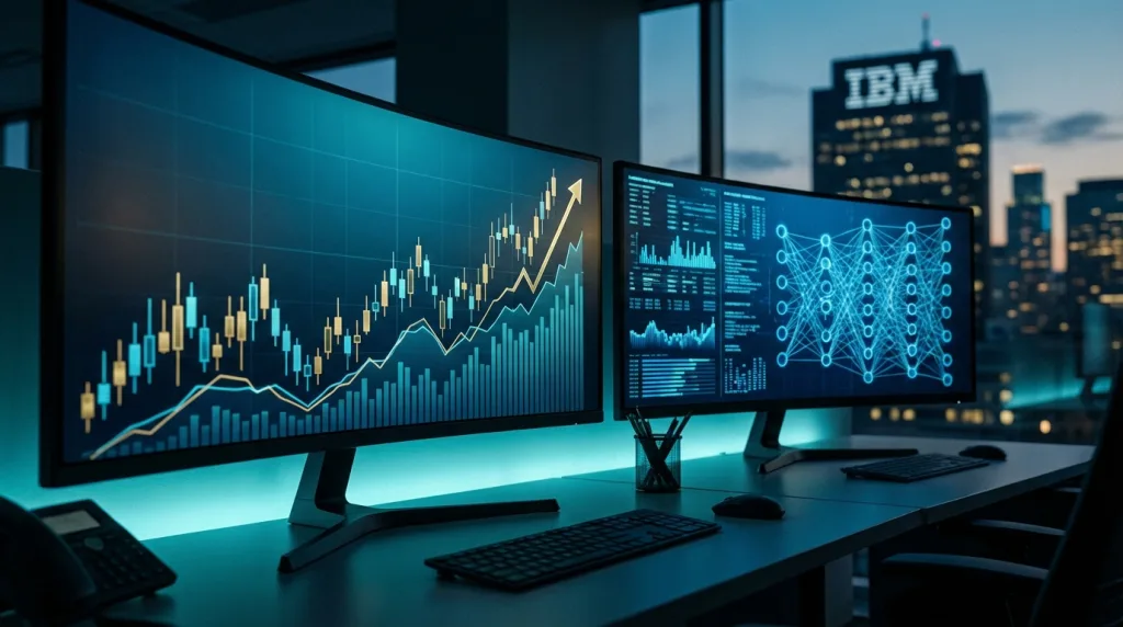 IBM Quartal mit starkem Aktienanstieg, KI-Wachstum und Rekord-Cashflow im Fokus eines dynamischen Börsencharts.