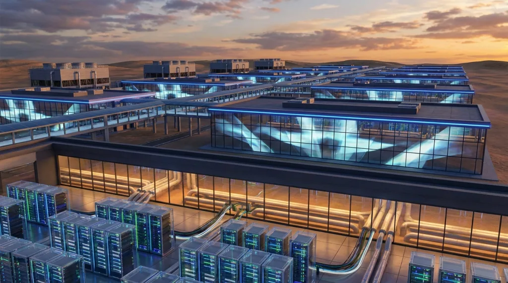 Meta KI-Investitionen: 600 Mrd. als Turbo-Wende 2 Futuristisches Rechenzentrum von Meta mit Servern und Glasfassaden, Symbol für massive Meta KI-Investitionen in Infrastruktur.