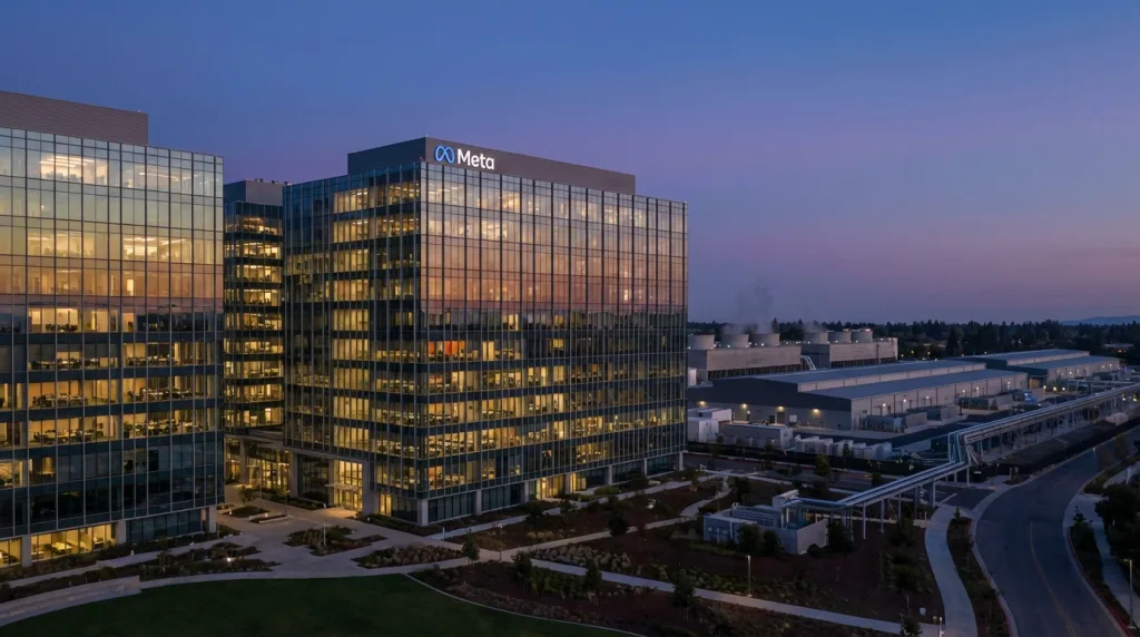 Meta KI-Offensive: Meta-Campus mit futuristischen Rechenzentren im Abendlicht