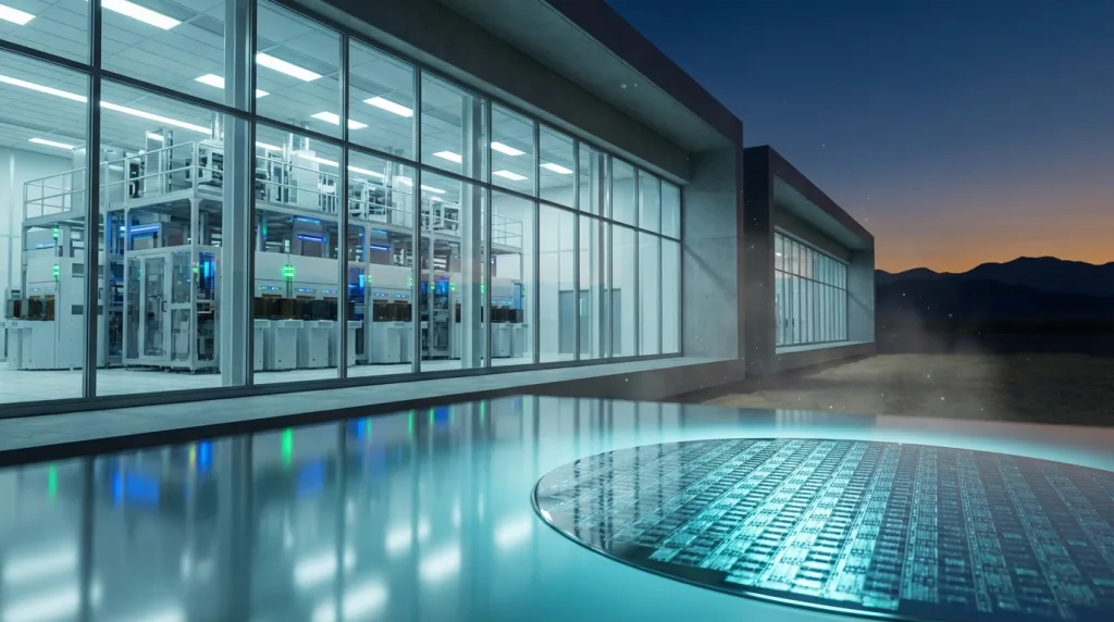 Hightech-Chipfabrik mit Silizium-Wafer als Symbol für die Micron Investition in KI-Speicher