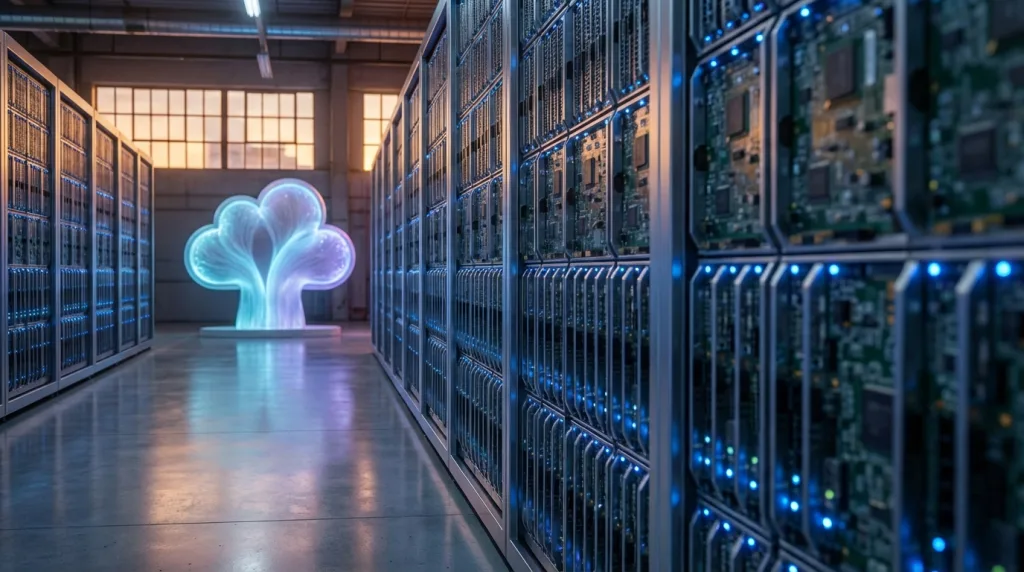 Microsoft Earnings: 3 KI-Fakten als Wendepunkt 2 Futuristisches Rechenzentrum symbolisiert Microsoft Earnings, Azure-Cloud-Wachstum und KI-Chips.