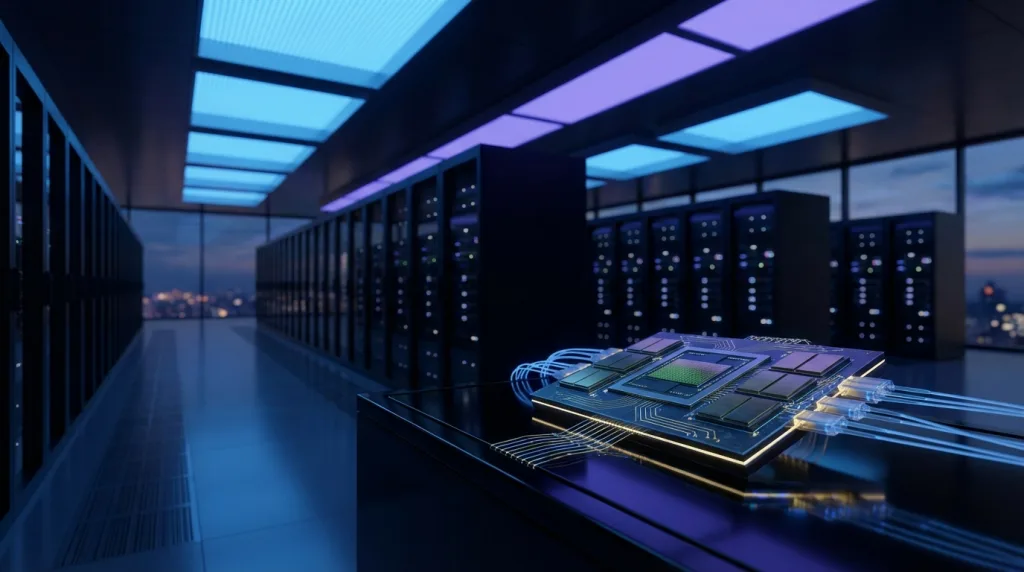 Ultramoderner Serverraum mit Microsoft KI-Chip Maia 200 als Zentrum der Azure-KI-Infrastruktur