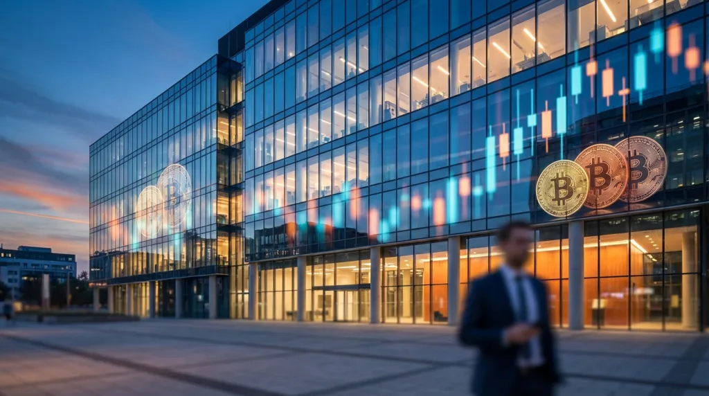 MicroStrategy Zentrale mit abstrakter Bitcoin-Visualisierung im Abendlicht