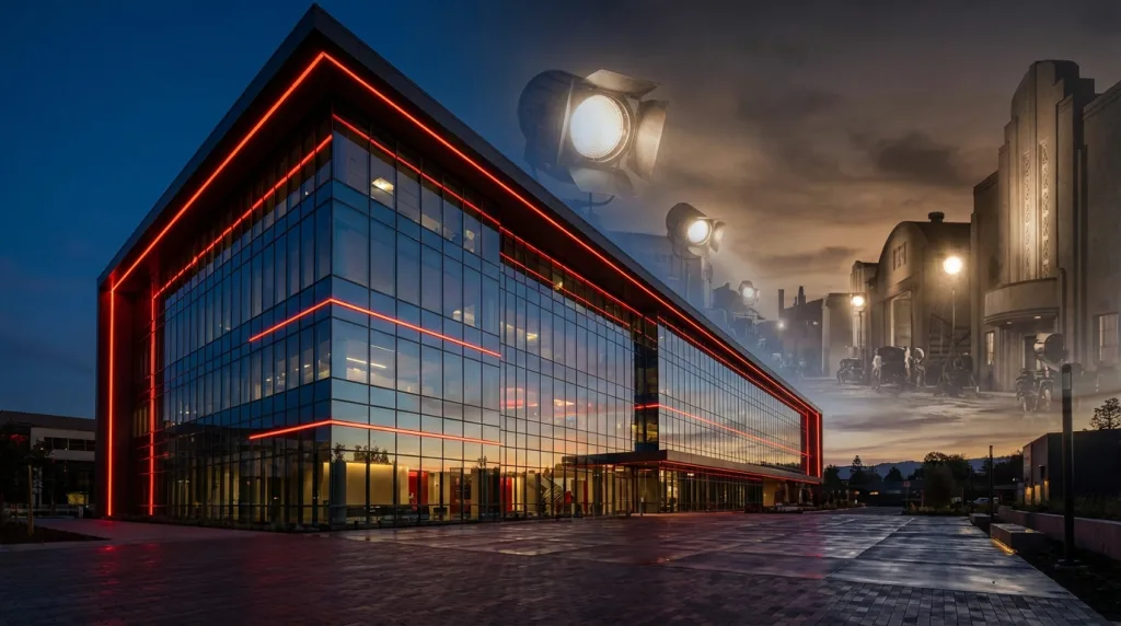 Netflix Warner-Merger Symbolbild mit Netflix-Zentrale und Filmstudio-Elementen