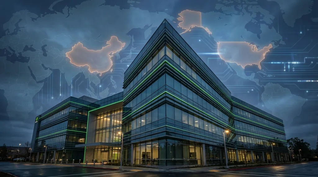 NVIDIA China Export H200 im Fokus: Nvidia-Zentrale vor Weltkarte mit USA-China-Bezug