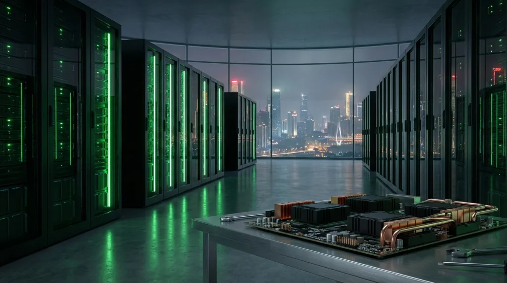 NVIDIA H200-China als KI-Beschleuniger in Rechenzentrum mit Blick auf chinesische Megacity