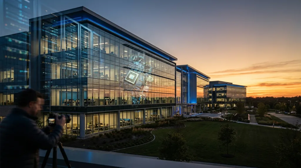 NVIDIA KI-Infrastruktur visualisiert durch moderne Firmenzentrale und Datacenter-Anmutung