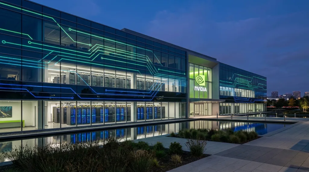 NVIDIA KI-Infrastruktur visualisiert durch moderne, beleuchtete Firmenzentrale bei Abenddämmerung