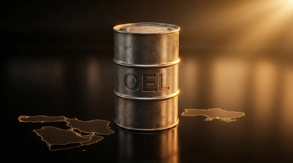 OEL-Oelfass vor Weltkarte, Oelmarkt Geopolitik mit Fokus auf Risiken und Chancen