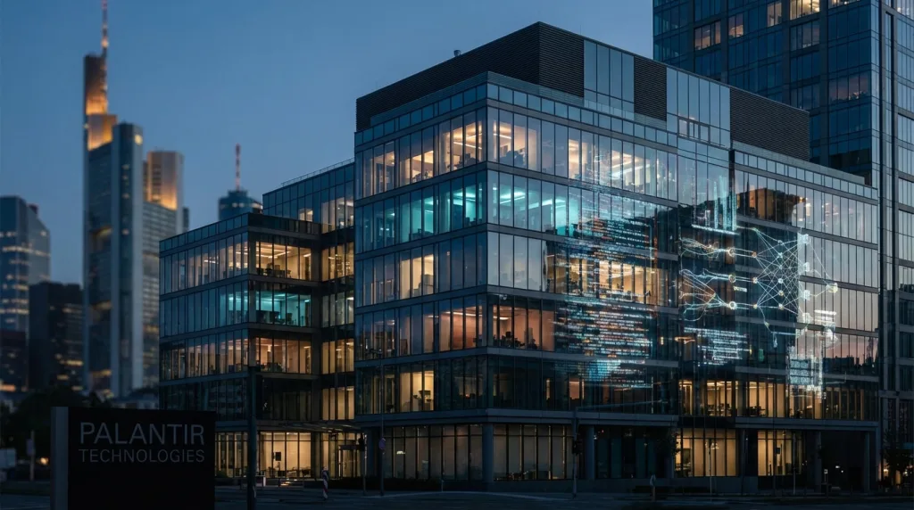 Palantir KI-Wachstum visualisiert durch moderne Firmenzentrale mit Fokus auf Daten- und KI-Infrastruktur