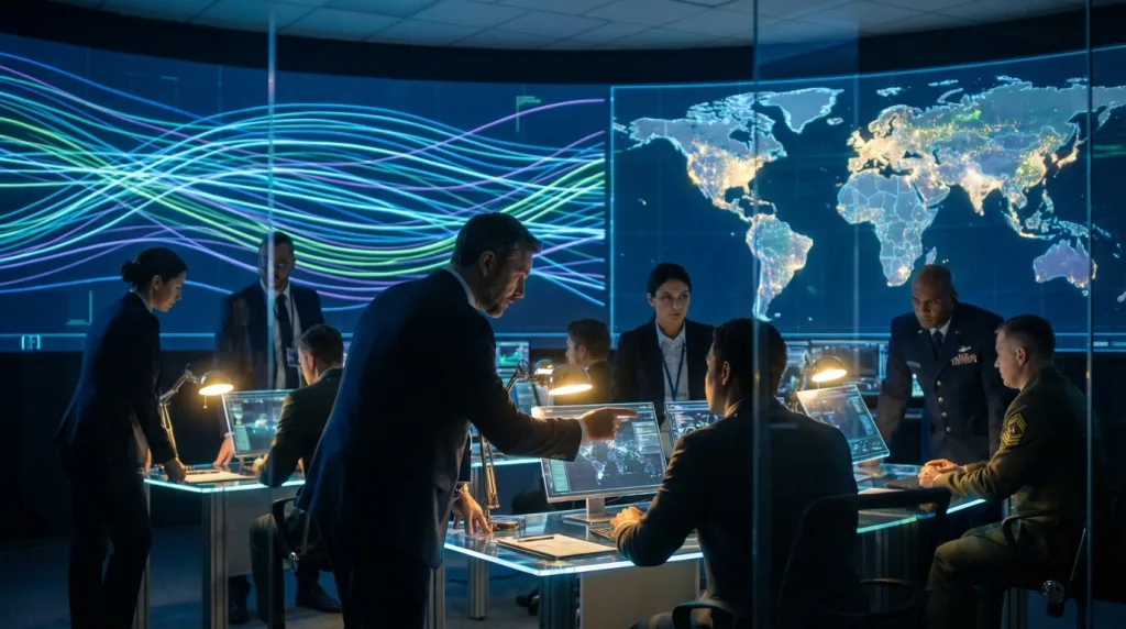 Hightech-Kontrollraum mit KI-Datenanalyse und Verteidigungsbezug, symbolisiert die Palantir Prognose zur KI-Revolution.