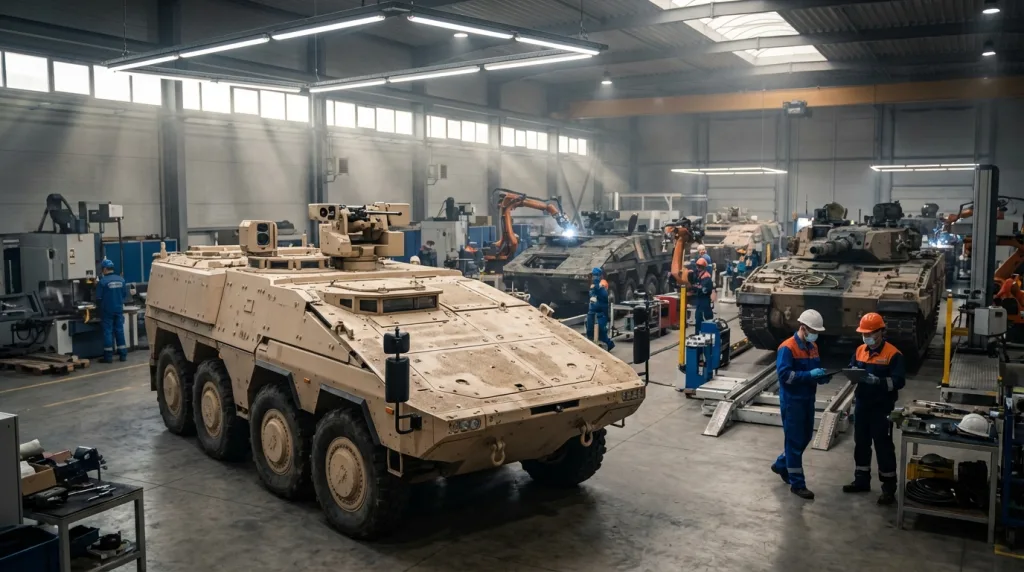 Rheinmetall Auftragsboom in moderner Panzerfertigungshalle mit gepanzerten Fahrzeugen