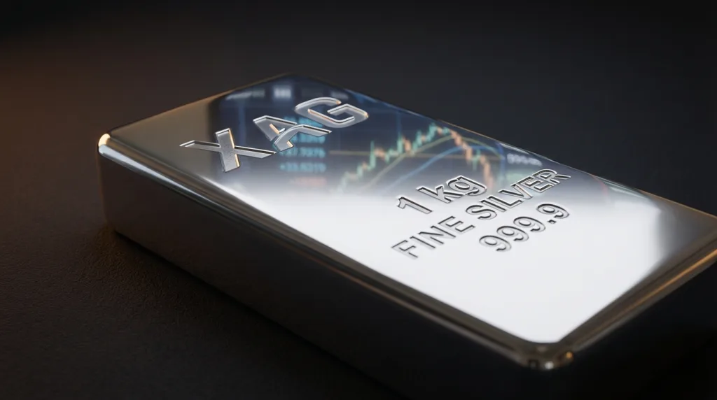 Silber Crash mit XAG-Silberbarren im Fokus vor dunklem Hintergrund