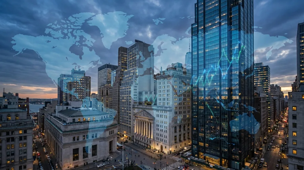 Wall-Street-Skyline mit Kursverlauf und Fokus auf S&P 500 Greenland