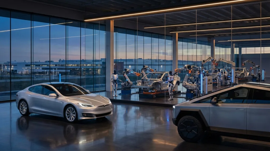 Tesla Earnings mit Fokus auf schwächeres Autogeschäft und KI-Robotik-Wende in moderner Produktionshalle.