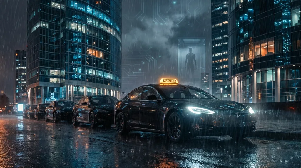 Tesla Earnings im Fokus: Elektroautos bei Nacht, Robotaxi-Szene mit KI-Fantasie und Finanzdistrikt im Hintergrund.