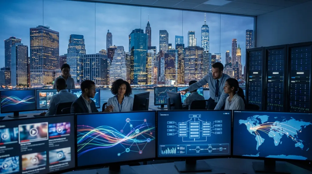 Hightech-Kontrollraum symbolisiert TikTok Joint Venture, US-Datenkontrolle und Regulierung