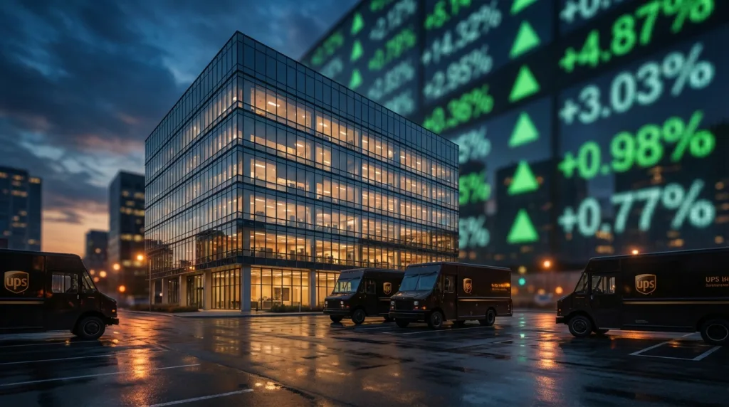UPS Quartal mit Firmenzentrale und positiver Börsenstimmung nach besser als erwarteten Zahlen.