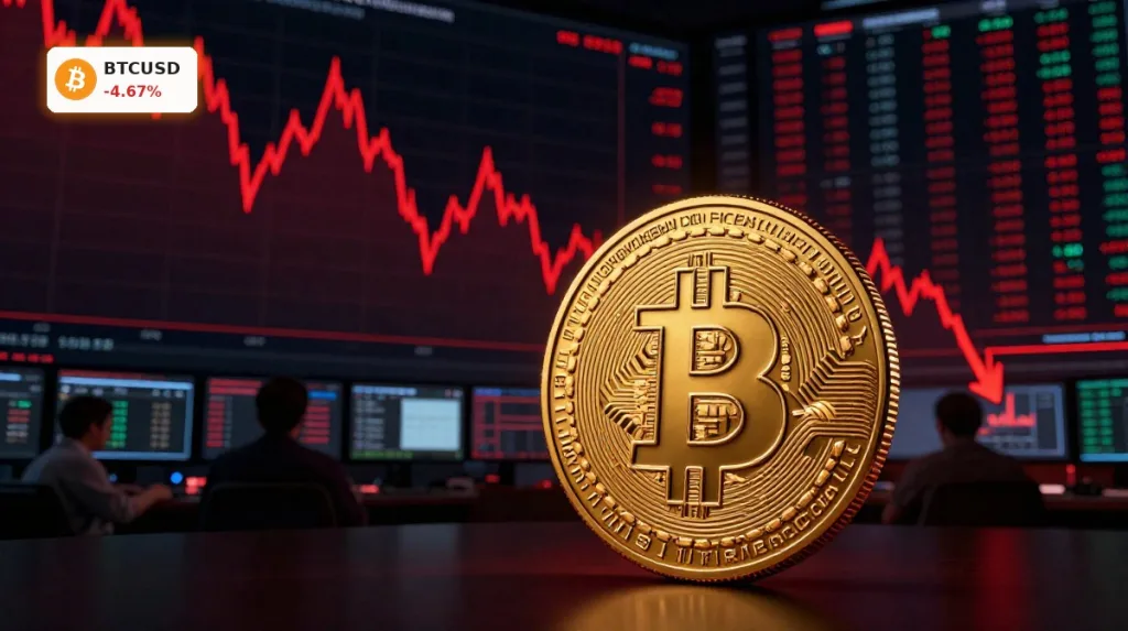 Dramatische Bitcoin Korrektur mit stark fallendem Kurs und nervösem Marktumfeld