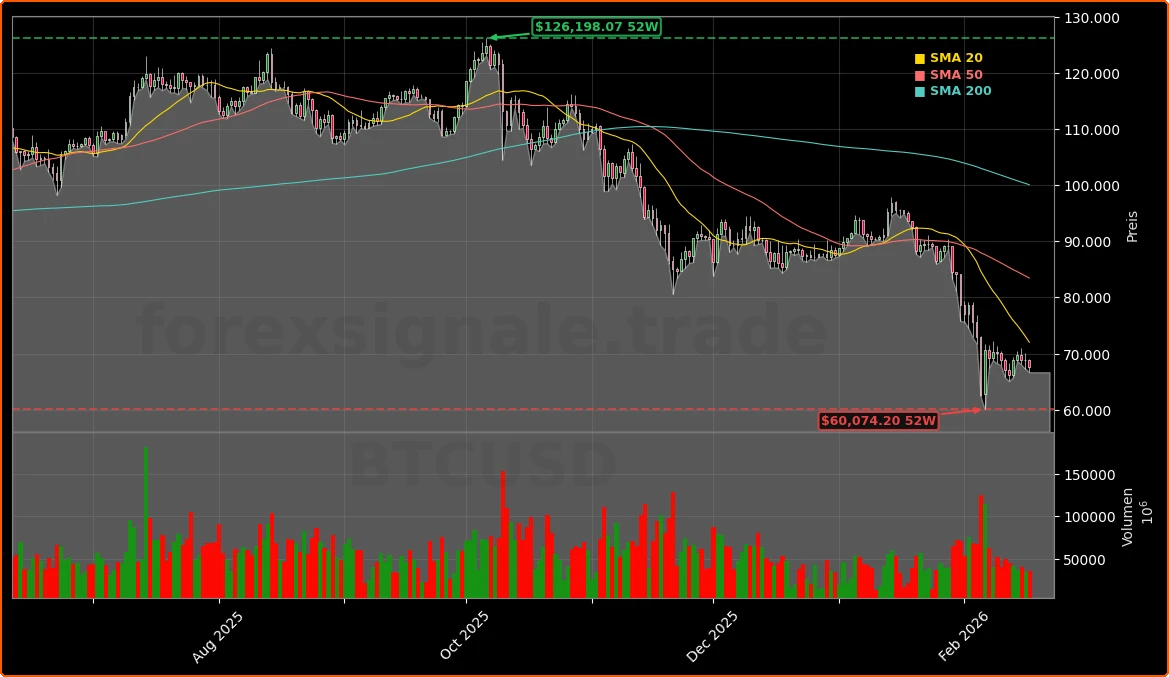 Bitcoin Marktstatus: Korrektur im Fokus – Crash-Warnung? 6 Bitcoin Aktienchart - 252 Tage Kursverlauf - Februar 2026