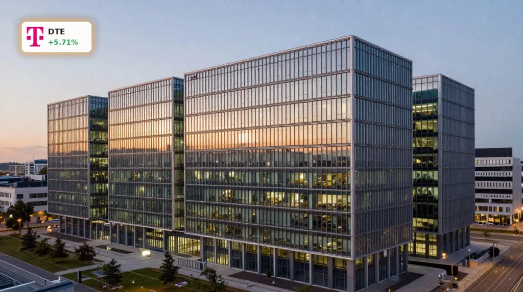 Deutsche Telekom KI-Rechenzentrum in München im Abendlicht, moderne Firmenzentrale mit Fokus auf souveräne Cloud und Nvidia-GPUs