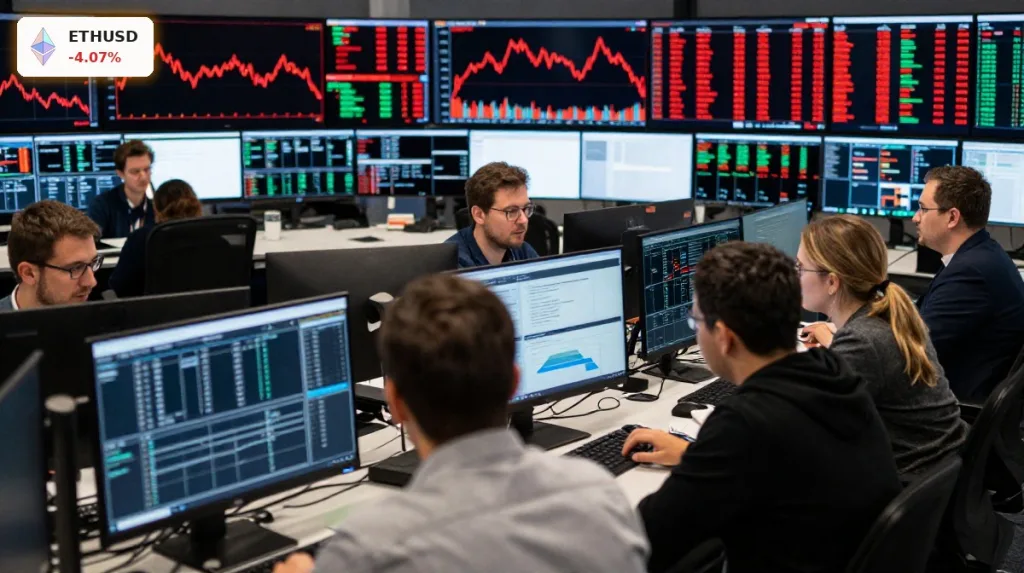 Ethereum Kursrutsch -4%: 3 Risiken im Fokus 2 Trader beobachten Ethereum Kursrutsch am Kryptomarkt und diskutieren Risiken