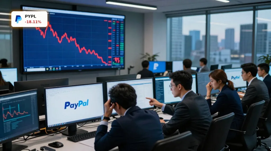 Handelsraum mit fallender PayPal-Aktie nach schwachem PayPal Quartal und Kurssturz um 18 Prozent