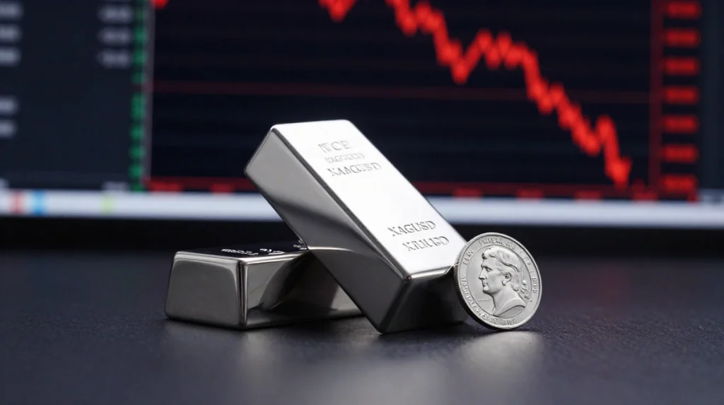 Silber Crash mit stark fallendem XAGUSD-Silberpreis und dramatisch inszenierten Silberbarren