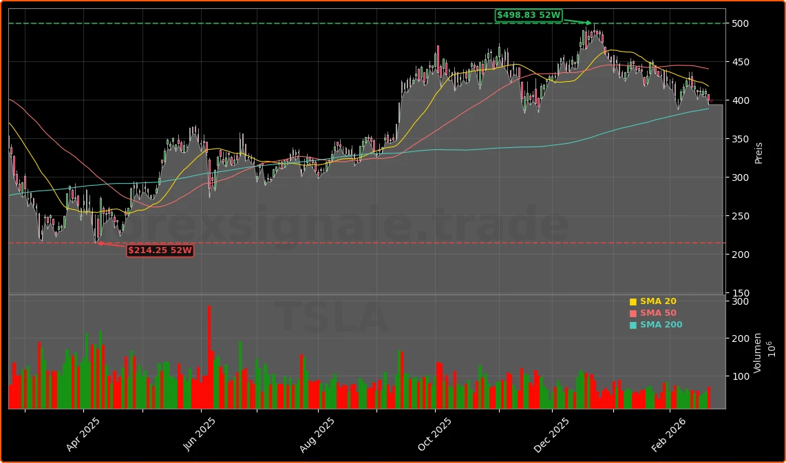 Tesla Robotaxi -2,9%: Sicherheits-Crash und Europa-Frust 1 Tesla, Inc. Aktienchart - 252 Tage Kursverlauf - Februar 2026