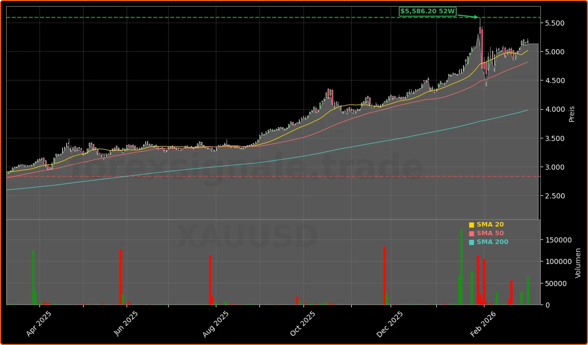 Gold Rekordrallye über 5.000 Dollar: Zölle, Schulden, Fed 1 Gold Rohstoffmarkt Aktienchart - 252 Tage Kursverlauf - Februar 2026
