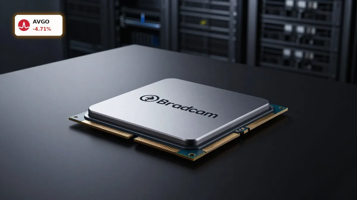Broadcom KI-Korrektur im Fokus mit Premium-Chip für KI-Rechenzentren auf dunklem Hintergrund