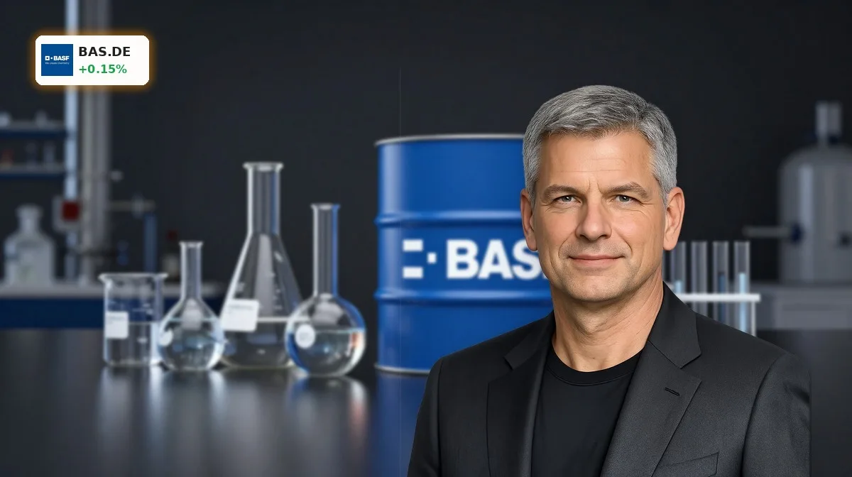BASF Quartalszahlen im Fokus mit chemischen Produkten und Laborbechern als Symbol für Gewinnanstieg