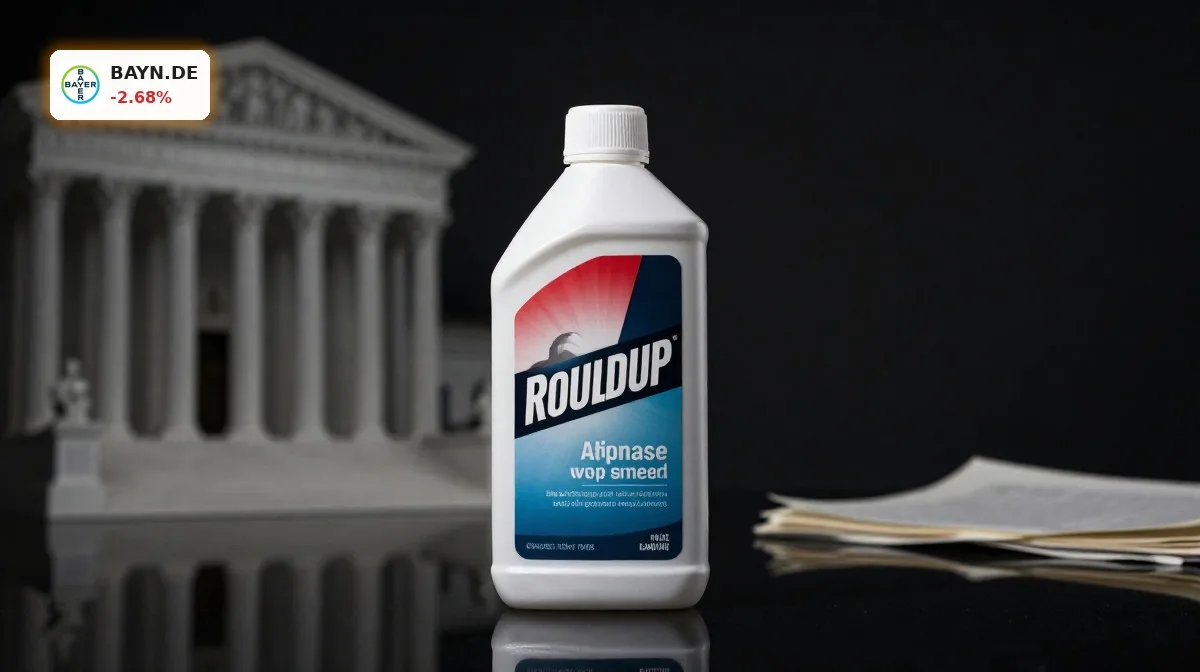 Bayer Glyphosat: Roundup-Flasche im Fokus vor angedeutetem US-Gericht, Symbol für Milliardenrisiko und Supreme-Court-Entscheid