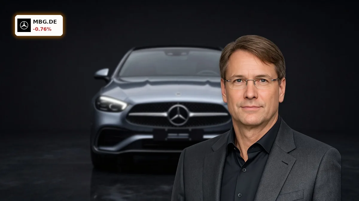Mercedes-Benz Quartalszahlen im Fokus mit edler Limousine als Symbol für Gewinnrückgang und Margendruck
