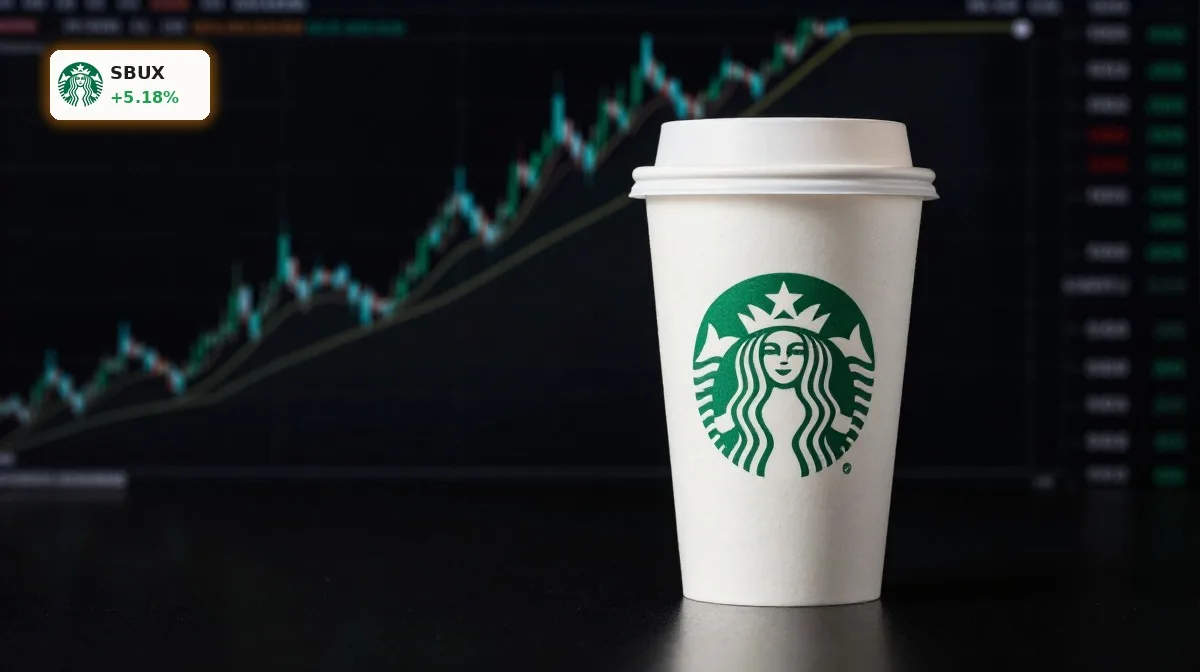 Starbucks Quartalszahlen im Fokus mit Kaffeebecher vor steigender Börsenkurve
